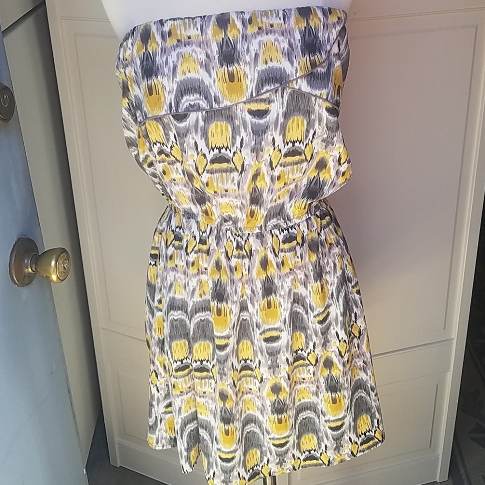 ✅Yellow Bohemian Aztec Tribal Tube Top Strapless Dress Medium Y2K Boho